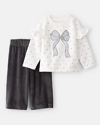 Baby Girl Fleece Ruffle Sleeve Bow Top & Rib Pant Set