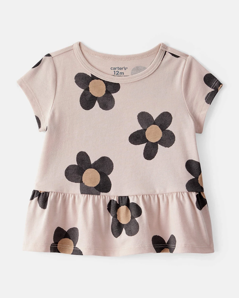Baby Girl Flower Print Short-Sleeve Peplum Top - Tan