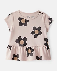 Baby Girl Flower Print Short-Sleeve Peplum Top - Tan