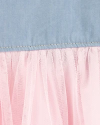 Baby Denim Shirt Dress With Tulle Skirt
