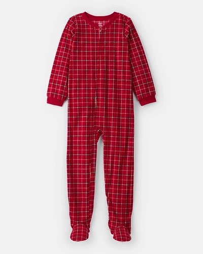 Boys Plaid Print Fleece Long-Sleeve Loose Fit 1-Piece Pajamas - Red