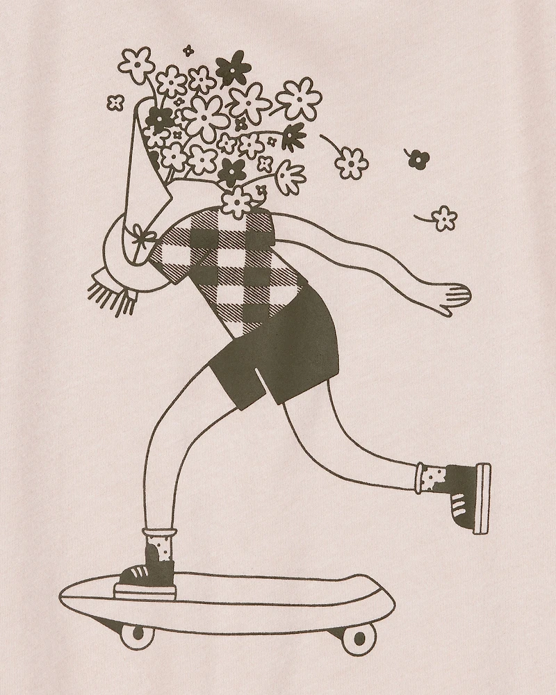 Girls Floral Skater Girl Graphic Tee - Tan