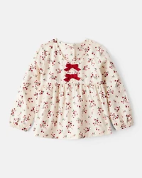 Toddler Girl Floral Print 100% Cotton Long-Sleeve Top - Ivory