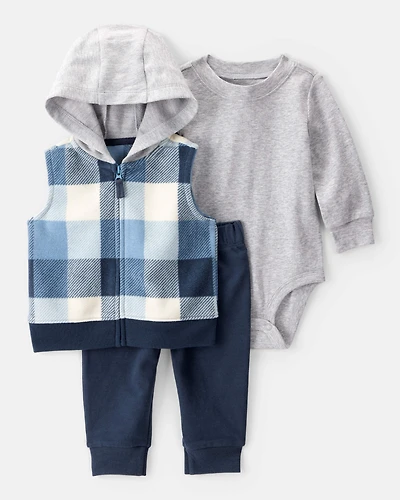 Baby 3-Piece Plaid Little Vest Set - Navy/Grey