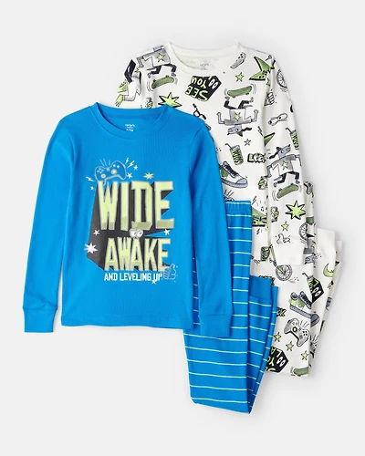 Boys Alligator 100% Cotton Loose Fit 4-Piece Pajamas - Blue/White