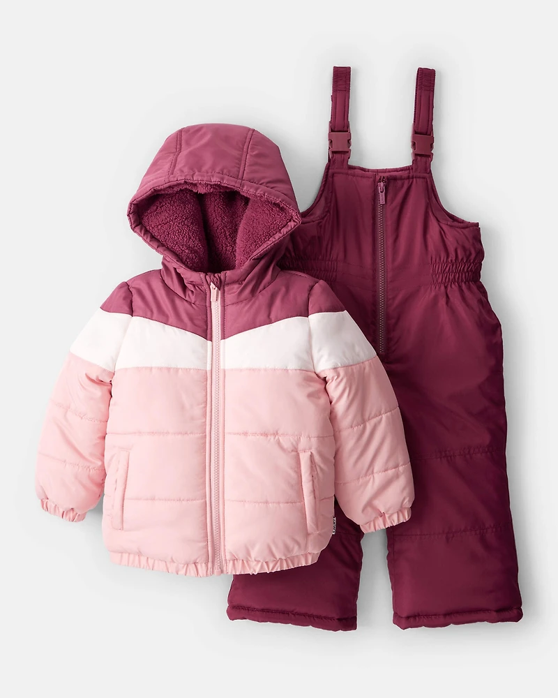 Toddler Girl 2-Piece Color Block Hooded Snowsuit Jacket & Bib Set - Pink/Red