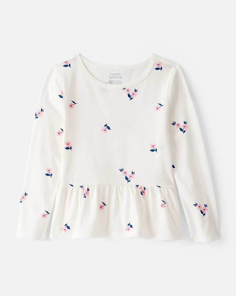 Girls Floral Long-Sleeve Peplum Top - Ivory