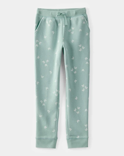 Girls Butterfly Print Fleece Drawstring Joggers - Green