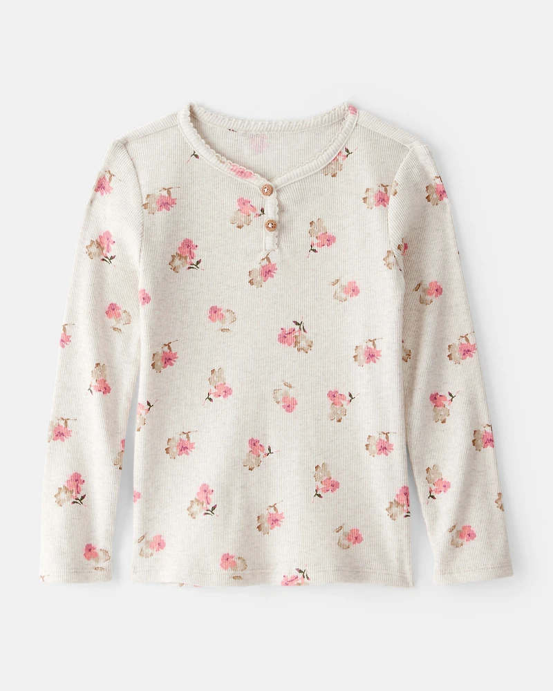 Toddler Girl Floral Print Cotton Long-Sleeve Henley Top - Cream