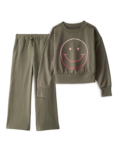 Girls 2-Piece Smiley Face Sweatshirt & Cargo Pants Set - Olive