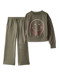 Girls 2-Piece Smiley Face Sweatshirt & Cargo Pants Set - Olive