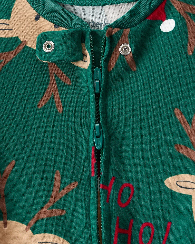 Baby Reindeer 100% Cotton Snug Fit 2-Way Zip Sleep & Play Pajamas - Green