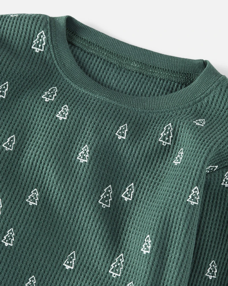 Kid Christmas Tree Print Waffle Knit Pajamas Made with Organic Cotton