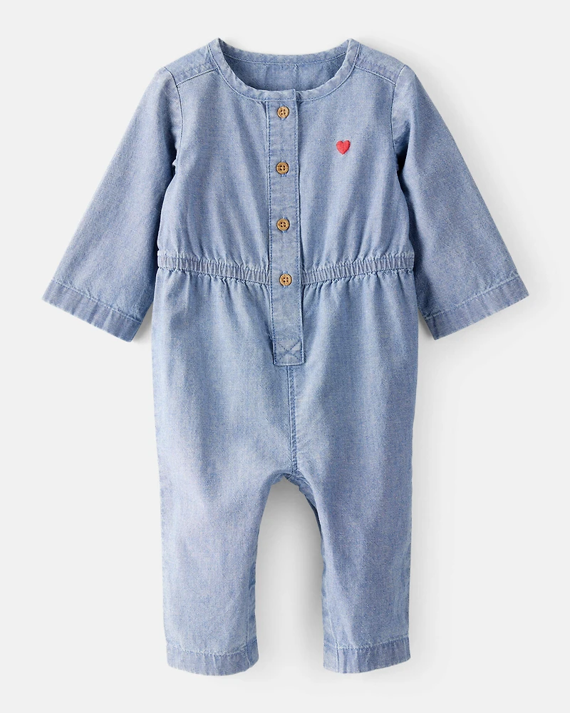 Baby Girl Heart Chambray Long-Sleeve Denim Jumpsuit - Blue