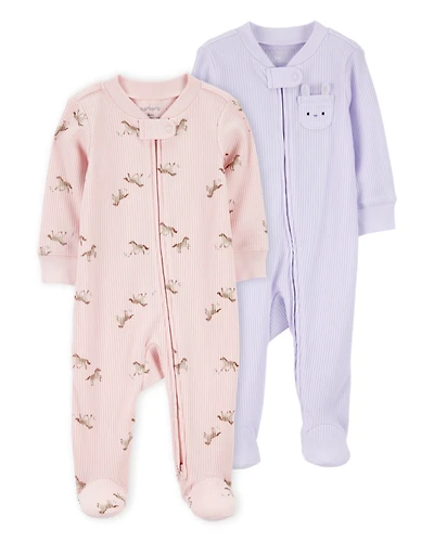 Baby 2-Pack  Ribbed 2-Way Zip Sleep & Play Pajamas - Pink/Purple