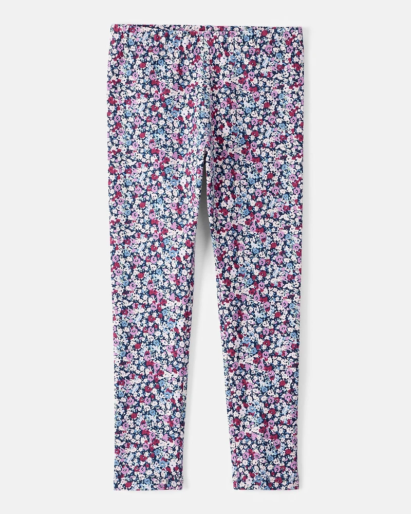 Girls Floral Cotton Pull-On Stretch Leggings - Purple