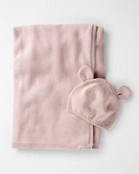 Baby Organic Cotton Sweater Knit Blanket and Cap Gift Set