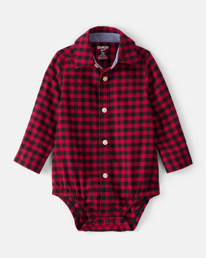 Baby Boy Plaid Cotton Long-Sleeve Button-Down Fashion Bodysuit - Red