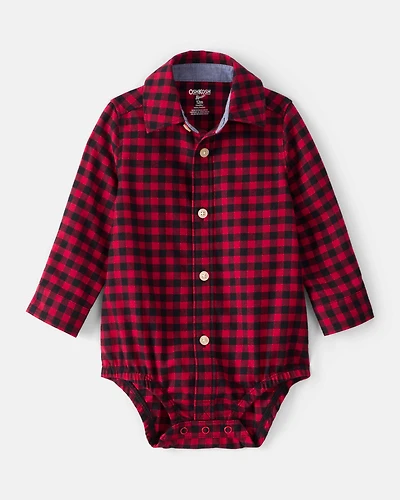 Baby Boy Plaid Cotton Long-Sleeve Button-Down Fashion Bodysuit - Red