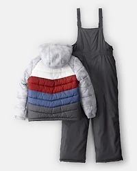 Boys 2-Piece Color Block Hooded Snowsuit Jacket & Bib Set
