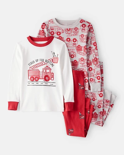 Baby Boy Firetruck Print 100% Cotton Long-Sleeve 4-Piece Pajamas - Red/White