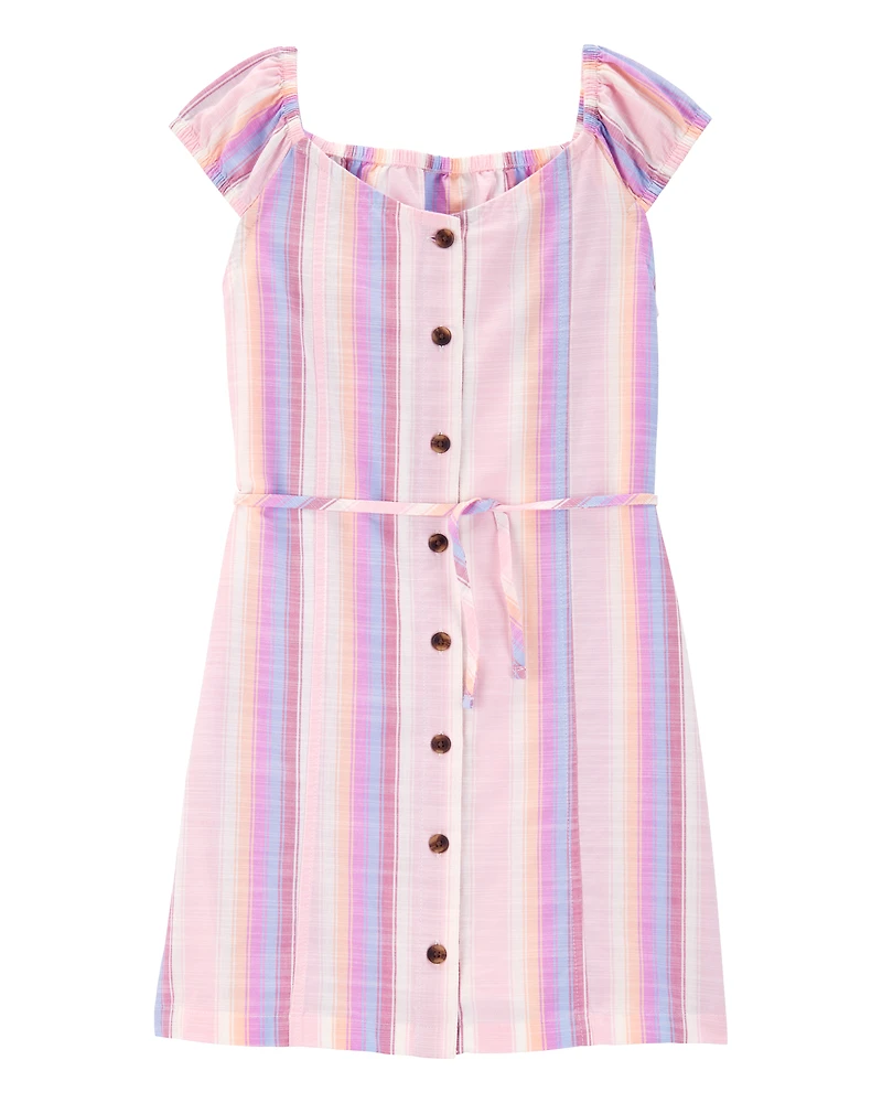 Kid Striped Poplin Dress -Pink