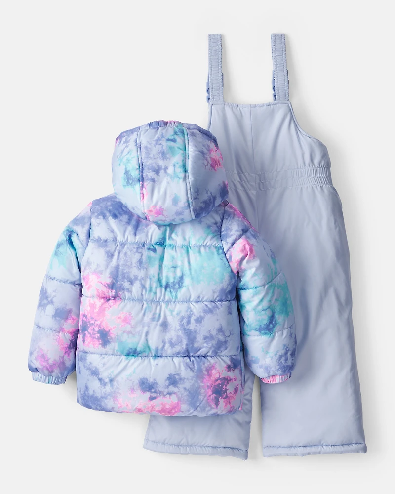 Toddler Girl 2-Piece Tie Dye Hooded Snowsuit Jacket & Bib Set - Blue