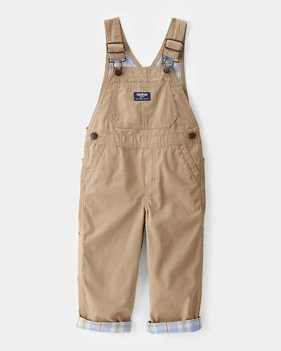 Toddler Lightweight Plaid-Lined Canvas Overalls - Khaki