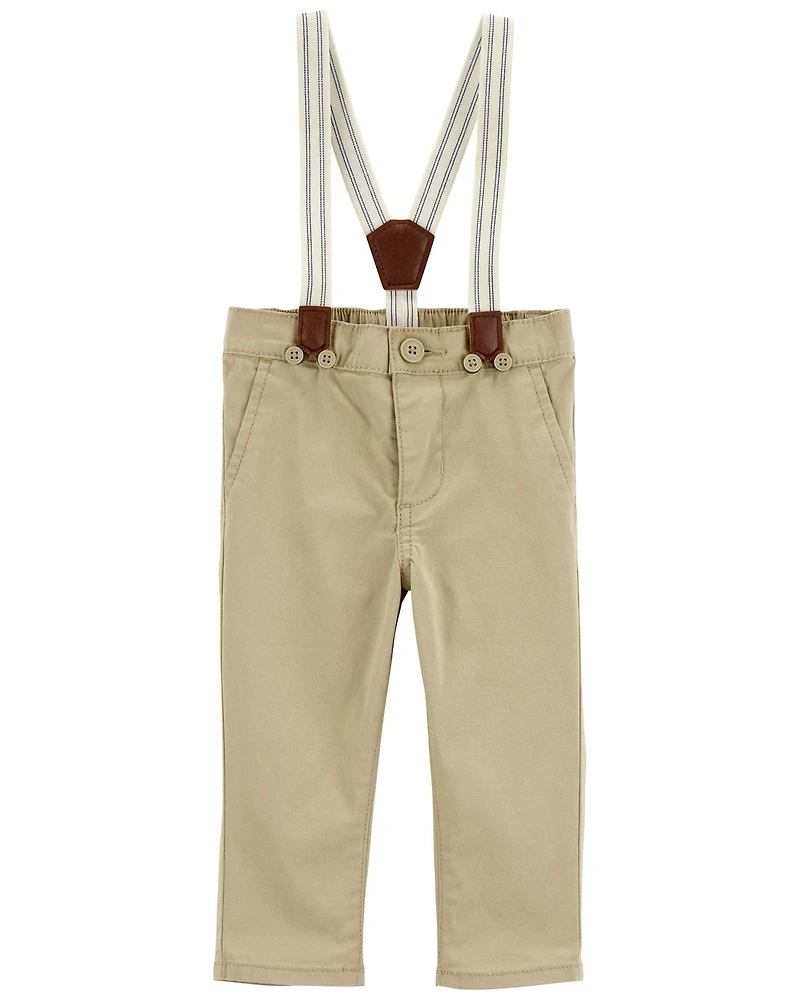 Baby Boy Twill Suspender Pants - Khaki