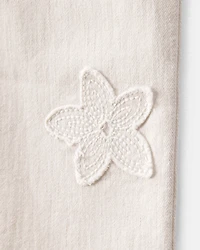 Baby Embroidered Stretch Denim Wide Leg Jeans - Cream