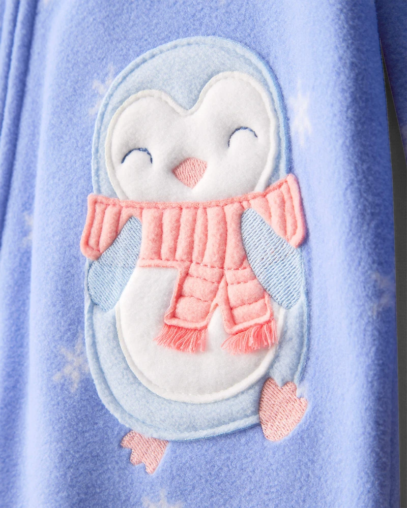Baby Girl Penguin Print Fleece Long-Sleeve Loose Fit 1-Piece Pajamas - Blue