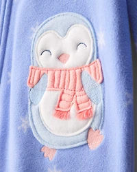 Baby Girl Penguin Print Fleece Long-Sleeve Loose Fit 1-Piece Pajamas - Blue