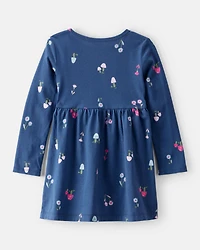 Toddler Girl Mushroom Print Long-Sleeve Cotton Dress - Blue