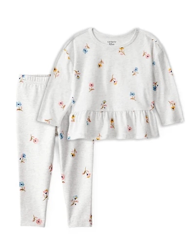 Toddler Girl 2-Piece Floral Peplum Top & Cotton Floral Stretch Leggings Set - Grey