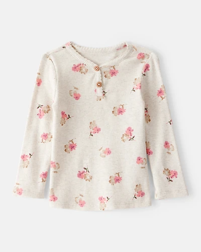 Baby Girl Floral Print Cotton Long-Sleeve Henley Top - Cream