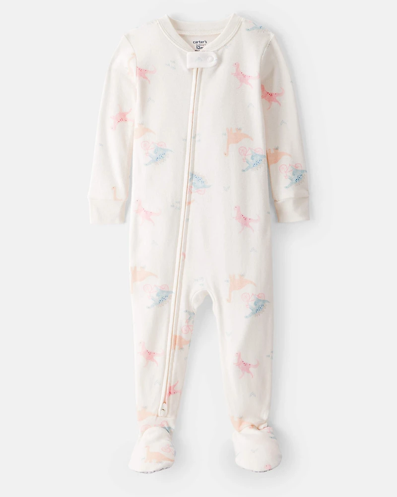 Baby Girl Dinosaur Print 100% Cotton Long-Sleeve 2-Way Zip 1-Piece Pajamas - White