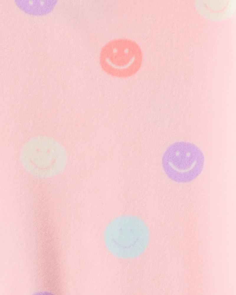 Girls Smiley Face Print DreamPlush Long-Sleeve Snug Fit 2-Piece Pajamas - Pink