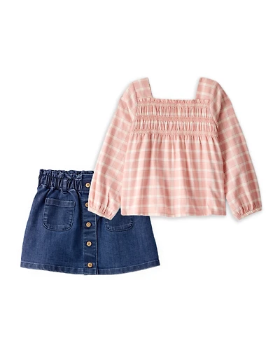 Toddler Girl 2-Piece Plaid Long-Sleeve Top & Denim Button-Front Skirt Set - Multi