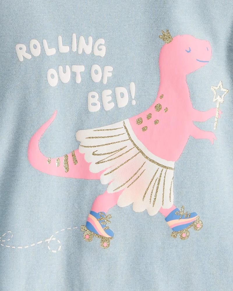 Baby Girl Dinosaur Print 100% Cotton Long-Sleeve 4-Piece Pajamas - Blue/White