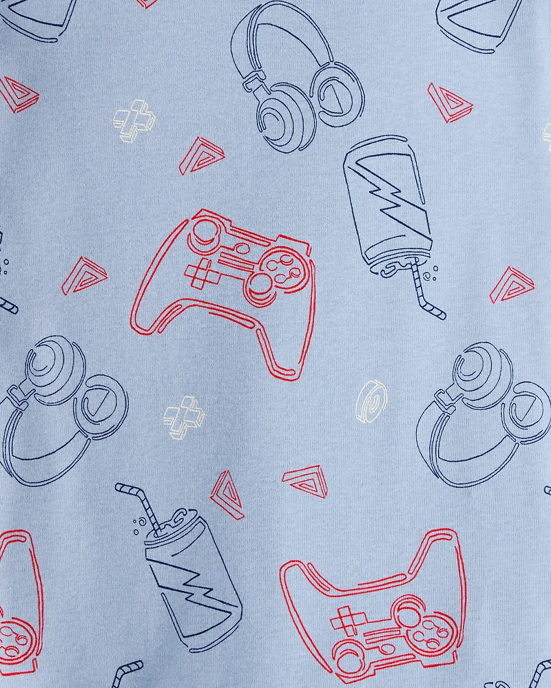 Boys Gaming Print 100% Cotton Long-Sleeve 4-Piece Pajamas - Blue