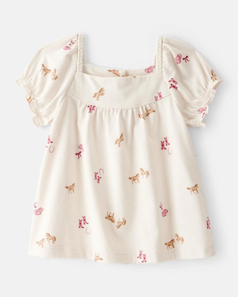 Toddler Girl 2-Piece Cowgirl Print Graphic Tee & Cotton Skirt Set - Cream/Pink