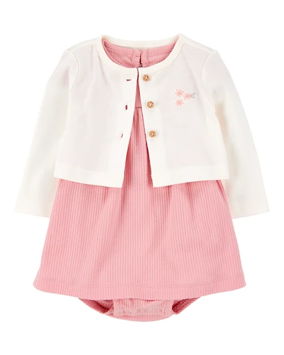 Baby 2-Piece Bodysuit Dress & Cardigan Set - Pink/Ivory