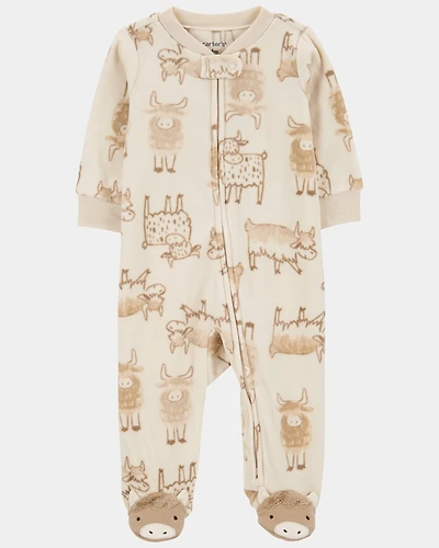 Baby Boy Highland Cow Zip-Up Fleece Sleep & Play Pajamas - Cream