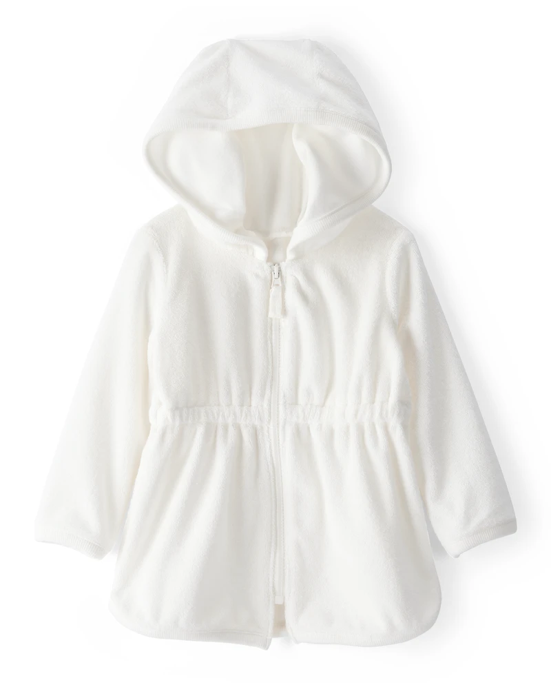 Baby Girl Hooded Terry Cloth Swim Cover-Up Dress - White