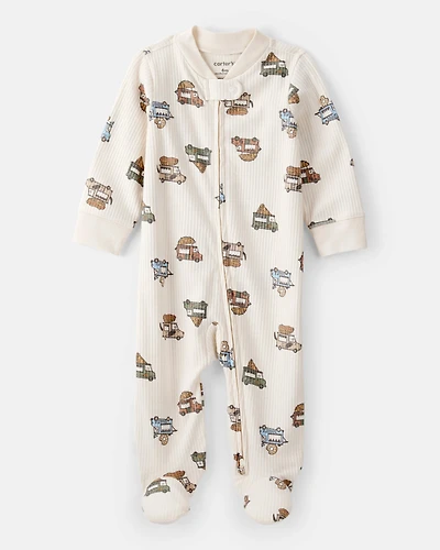 Baby Boy Truck Print Cotton Long-Sleeve Sleep & Play - Ivory