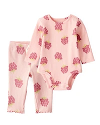 Baby Girl 2-Piece Raspberry Bodysuit & Pull-On Pants Set - Pink