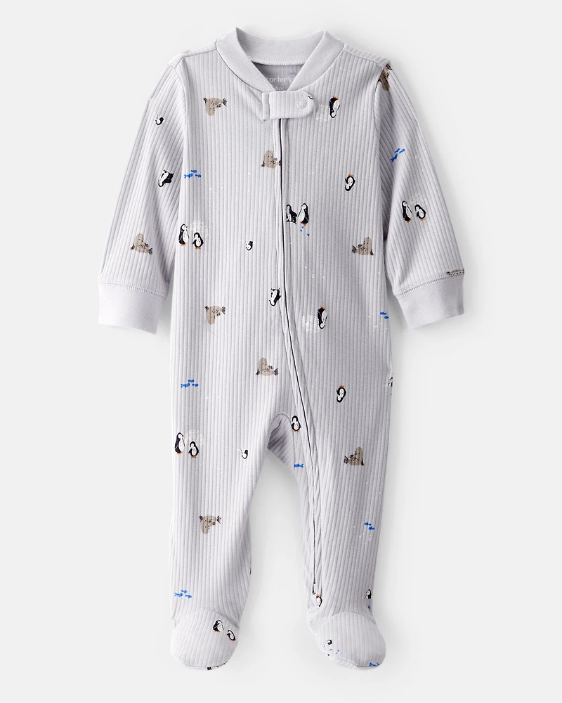 Baby Penguin Print Cotton Long-Sleeve Sleep & Play - Grey