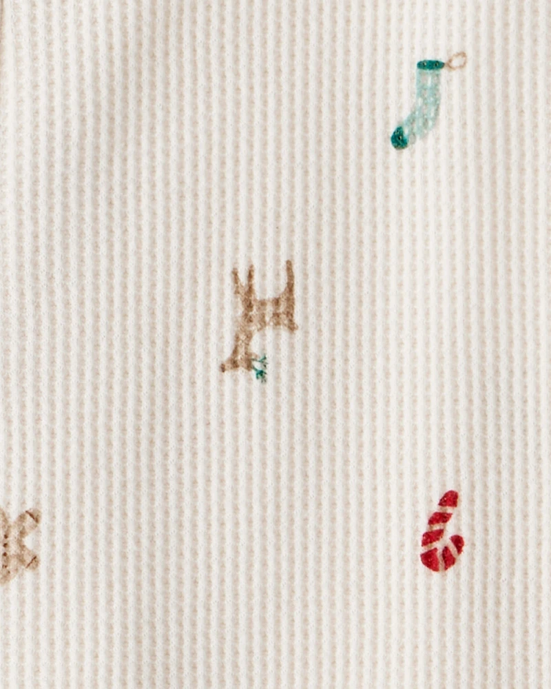 Toddler Mini Christmas Cotton Long-Sleeve Snug Fit 1-Piece Pajamas - White