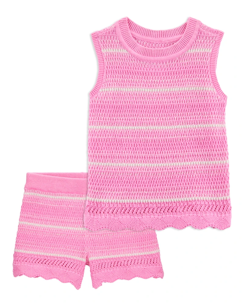 Toddler 2-Piece Striped Crotchet Knit Tank & Shorts Set - Pink