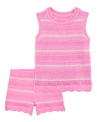 Toddler 2-Piece Striped Crotchet Knit Tank & Shorts Set - Pink